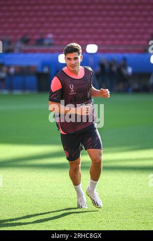 Pireo, Lombardia, Grecia. 15 agosto 2023. 19 JULIAN ALVAREZ di Manchester City durante la sessione di allenamento della squadra in vista della finale di Supercoppa UEFA 2023 allo Stadio Georgios Karaiskakis il 15 agosto 2023, al Pireo, in Grecia. (Immagine di credito: © Stefanos Kyriazis/ZUMA Press Wire) SOLO USO EDITORIALE! Non per USO commerciale! Foto Stock