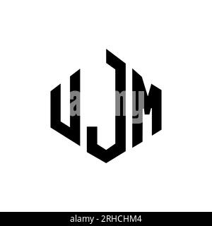 Logo UJM Letter con forma poligonale. Design con logo a forma di cubo e poligono UJM. Modello con logo vettoriale esagonale UJM in bianco e nero. Monogr. UJM Illustrazione Vettoriale