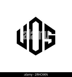 Logo UOS Letter con forma poligonale. Design del logo a forma di cubo e poligono UOS. Modello di logo vettoriale esagonale UOS in bianco e nero. UOS monogr Illustrazione Vettoriale