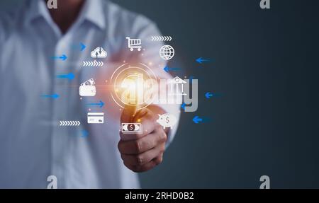 elaborazione digitale futuristica dello scanner di impronte digitali di identificazione biometrica per l'accesso ai dati finanziari personali. sorveglianza e scansione di sicurezza o Foto Stock