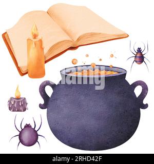 Set di libri con candela, calderone con pozione arancione e allegri bolle, ragni. Attributo di Halloween, il sabato delle streghe. Acquerello isolato Foto Stock