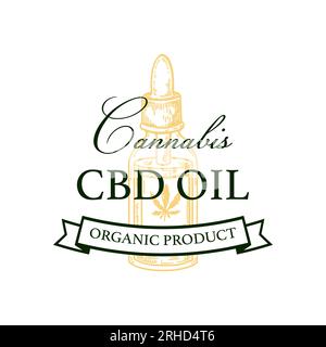 Design del packaging dell'olio di cannabis. Modello logo marijuana con elementi disegnati a mano. Illustrazione vettoriale nello stile di schizzo. Illustrazione Vettoriale