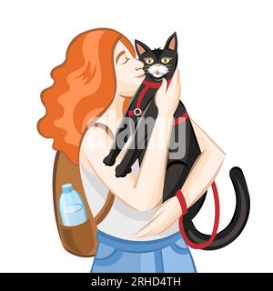 Ginger Girl accarezza il gatto nero mentre cammina all'aperto su sfondo bianco Illustrazione Vettoriale