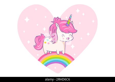 Biglietto d'auguri vettoriale con simpatici unicorno e arcobaleno in stile kawaii. Illustrazione vettoriale di un simpatico unicorno nel cuore per San Valentino. Illustrazione Vettoriale