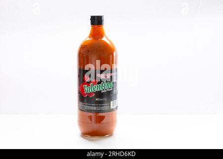 Calgary, Alberta, Canada. Aug 5, 2023. A Valentina Black Label Mexican Extra Hot Sauce 34oz bottle. Stock Photo