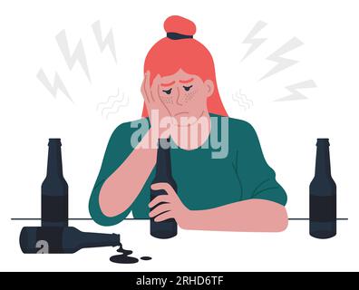 Alcolismo femminile Concaept. Donna con bottiglie di birra. Illustrazione vettoriale in stile piatto Illustrazione Vettoriale