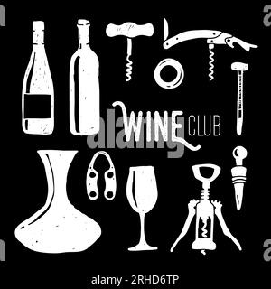 Design vettoriale del club del vino bianco e nero. Elementi da cucina monocromatici su sfondo isolato. Da utilizzare per decorare, avvolgere carta e tappezzeria. Illustrazione Vettoriale