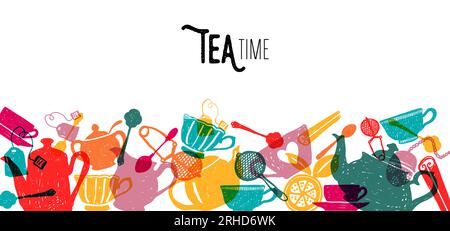 Tea tempo banner colorato disegno vettoriale. Elementi da cucina multicolore disegnati a mano su sfondo bianco isolato. Utilizzare per carta da parati, decorazione e. Illustrazione Vettoriale