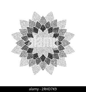 Soffocare lo sfondo del fiore. Mandala con ornamenti punteggiati. Forma a stella granulosità. Decorazioni floreali nere astratte. Motivo radiale Dotwork per tatuaggi, poster, abiti, badge, adesivi. Vettore Illustrazione Vettoriale