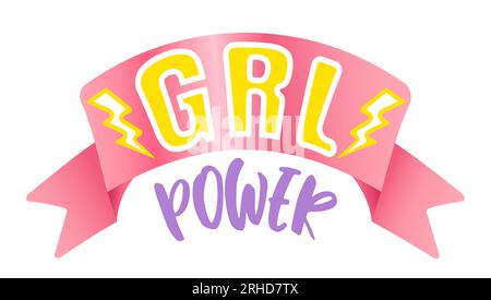 Logo Vector vintage con nastro rosa. Emblema retrò per lo sport femminile. Poster del potere della ragazza con nastro rosa Illustrazione Vettoriale