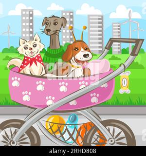 Tre cani domestici in passeggino durante la passeggiata nel parco - illustrazione vettoriale Illustrazione Vettoriale