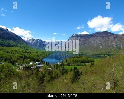 Splendida vista del lago Bohinj e del villaggio di Ribcev Laz a Gorenjska, Slovenia, con le foreste circostanti in verde brillante fogliame primaverile e mou Foto Stock