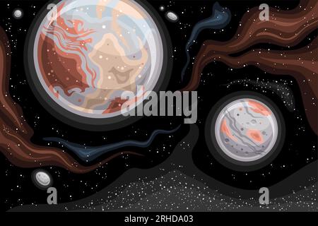 Vector Fantasy Space Chart, poster astronomico orizzontale con cartoni animati pianeta nano Plutone e luna Caronte nello spazio profondo, decorativo colorato c Illustrazione Vettoriale