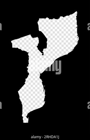 Mappa stencil del Mozambico. Semplice e minimale mappa trasparente del Mozambico. Rettangolo nero con forma tagliata del paese. Illustrazione Vettoriale