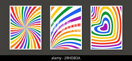 Set di design Rainbow Sunburst e Heart Prints. Collezione di poster colorati astratti. Confezione di sfondi psichedelici geometrici. Pacchetto di modelli per il mese dell'orgoglio e per i diritti lgbt. Illustrazione vettoriale Illustrazione Vettoriale