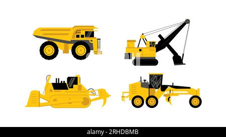 quattro veicoli da miniera gialli con elemento piatto isolato su sfondo bianco. Illustrazione Vettoriale