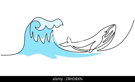 Disegno di una linea di balena a caccia d'onda isolato su sfondo bianco Illustrazione Vettoriale