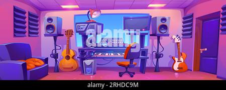 Studio di registrazione audio con strumenti e attrezzature musicali. Illustrazione vettoriale di mixer professionale con pulsanti di controllo, chitarre elettriche e sintetizzatore, altoparlanti, display per computer Illustrazione Vettoriale