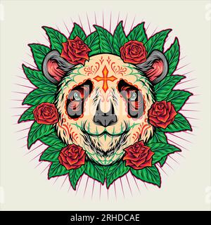 Panda calavera dia de los muertos illustrazioni vettoriali floreali per il logo del tuo lavoro, t-shirt di merchandisse, adesivi e disegni di etichette, poster, saluto CA Illustrazione Vettoriale