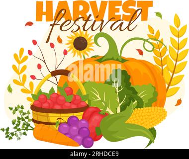 Happy Harvest Festival illustrazione vettoriale dello sfondo autunnale con zucche, foglie d'acero, frutta o verdura in modelli di cartone piatti Illustrazione Vettoriale