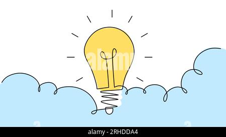 Un'unica linea di creatività con lampada grande isolata su sfondo bianco. Illustrazione Vettoriale