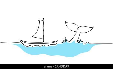 Un disegno di una linea di nave e coda di balena isolati su sfondo bianco Illustrazione Vettoriale