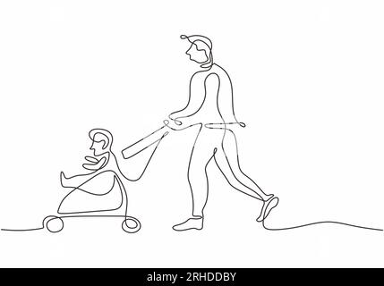 bambino e padre disegno a una linea illustrazione vettoriale continua disegnata a mano. Linee di contorno con il bambino sul passeggino che cammina con papà. Illustrazione Vettoriale