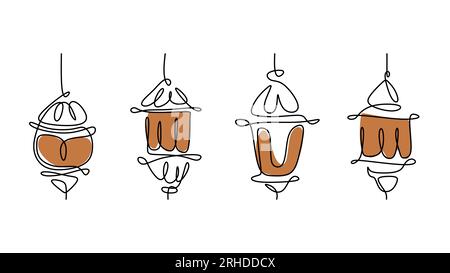Una linea di quattro lanterne isolate su sfondo bianco. Minimalismo a linea singola continua. Illustrazione Vettoriale