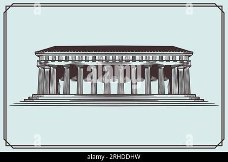 antico edificio greco disegnato a mano, simbolo di stile vintage. Illustrazione Vettoriale