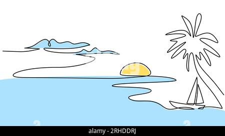 Una linea di disegno del tramonto sulla spiaggia isolata su sfondo bianco Illustrazione Vettoriale