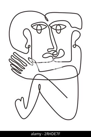 Stile di disegno a una linea Picasso. Volto astratto arte contemporanea minimalismo illustrazione vettoriale. Romantica coppia innamorata, stampa minimalista poster. Illustrazione Vettoriale