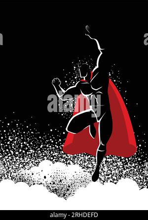 Supereroe in posa volante in nero e bianco illustrazione Illustrazione Vettoriale
