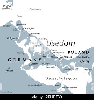 Usedom, isola del Mar Baltico in Pomerania, mappa politica grigia. Soprannominata Sun Island, l'isola più soleggiata e popolosa del Mar Baltico. Foto Stock