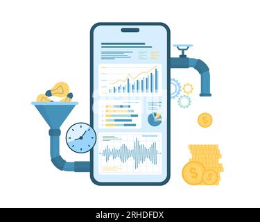 Converti le idee in denaro con l'app mobile nell'illustrazione vettoriale per telefono. Smartphone isolato per cartoni animati con imbuto e tubi, sistema di ricerca di marketing e analisi di report grafici di progetti digitali Illustrazione Vettoriale