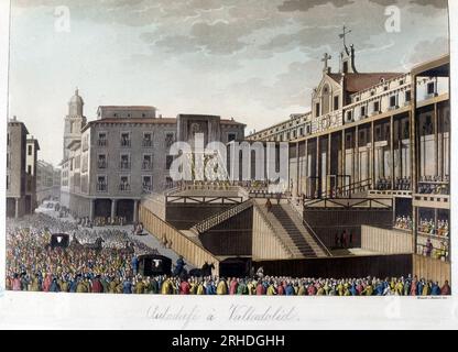 Autodafe Organize par l'Inquisition espagnole sur la grande Place de Valladolid - in 'le costume ancien et moderne' par Ferrario, 1819-20 Foto Stock