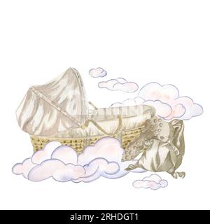Composizione di una culla di vimini per un bambino, un coniglio giocattolo e nuvole rosa.illustrazione acquerello evidenziata su sfondo bianco. Adatto per Foto Stock