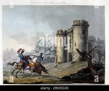 Combat de chevaliers devant le Chateau de Tancarville - in "le costume ancien et moderne" par Jules Ferrario, 1819-20 Foto Stock