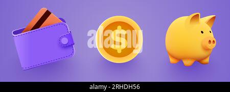 Set di oggetti icone finanziarie. Portafoglio, moneta e salvadanaio. Illustrazione vettoriale Illustrazione Vettoriale