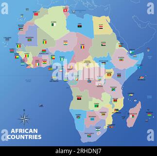 Mappa del continente africano divisa per nazioni e stati con bandiere e nomi di paesi, illustrazione vettoriale Illustrazione Vettoriale