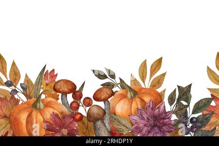 Acquerello bordo senza cuciture con zucca, fiori, foglie di bacche e funghi. Illustrazione floreale isolata autunnale dipinta a mano con spazio per il testo Foto Stock