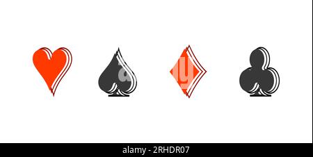 Poker carte da gioco abbina simboli - picche cuori diamanti e mazze. Icone della scheda Blackjack isolate su sfondo bianco. Gioco di carte. Illustrazione Vettoriale