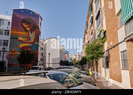 Fuengirola, Málaga, Spagna, 12 agosto 2023. Murale dipinto a spruzzo pianeggiato dall'artista sivigliano Fabián Guerrero, noto anche come Kato. Foto Stock