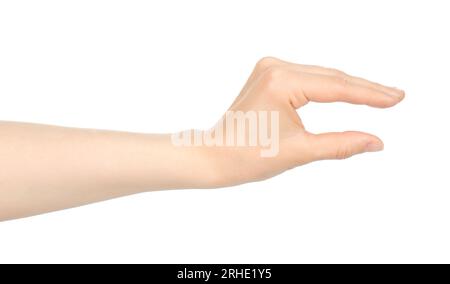 La mano di una donna mostra qualcosa in mano virtuale, in primo piano su sfondo bianco Foto Stock