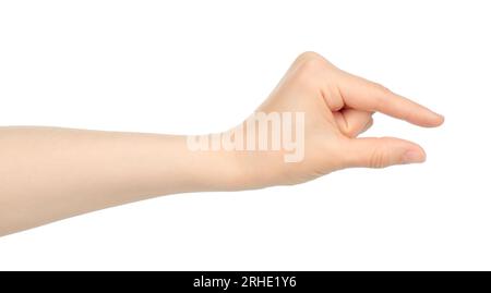 La mano di una donna mostra qualcosa in mano virtuale, in primo piano su sfondo bianco Foto Stock