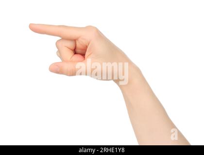 La mano di una donna mostra un tocco virtuale, su sfondo bianco in primo piano Foto Stock