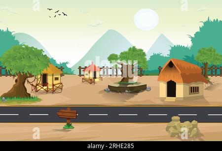 Incantevole illustrazione serale del paesaggio naturale del villaggio, con elegante design piatto, strada, alberi, striscioni e sfondo di cartoni animati di campi di sabbia Illustrazione Vettoriale