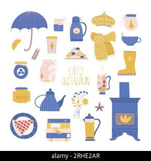 Simpatiche e accoglienti illustrazioni vettoriali autunnali. Pacchetto autunnale con zucca, caminetto, ombrello, sciarpa, torta, teiera, tazza. Illustrazione Vettoriale