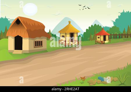 Incantevole illustrazione serale del paesaggio naturale del villaggio, con elegante design piatto, alberi, banner e sfondo di cartoni animati Illustrazione Vettoriale