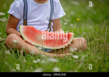 Fantastico bambino biondo, ragazzo con cane, anguria in giardino, estate Foto Stock