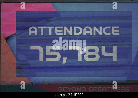 La partecipazione è di 75.784 persone durante la semifinale della Coppa del mondo femminile FIFA 2023 Australia Women vs England Women allo Stadium Australia, Sydney, Australia, 16 agosto 2023 (foto di Patrick Hoelscher/News Images) a Sydney, Australia il 16 agosto 2023. (Foto di Patrick Hoelscher/News Images/Sipa USA) Foto Stock